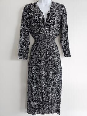 Maje Midi Dress Womens Medium Black Shirred Smocked Waist Timeless Flowy Preppy